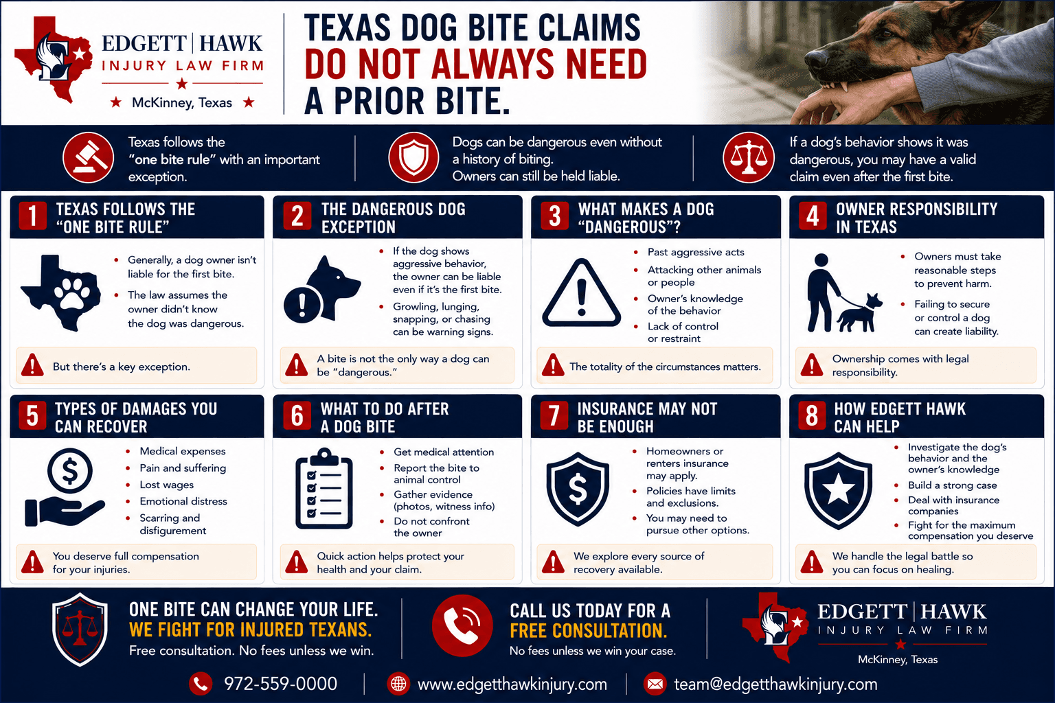 Two routes to recovery in a Texas dog bite claim, showing strict liability under Marshall v. Ranne requiring proof the owner knew of dangerous propensities, and the negligence route requiring only unreasonable handling